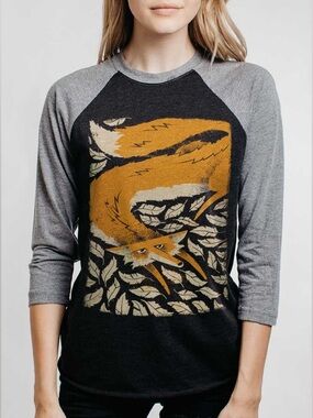 Curbside Fox in the Henhouse Raglan Longsleeve Tee Heather Black and Grey Size M
